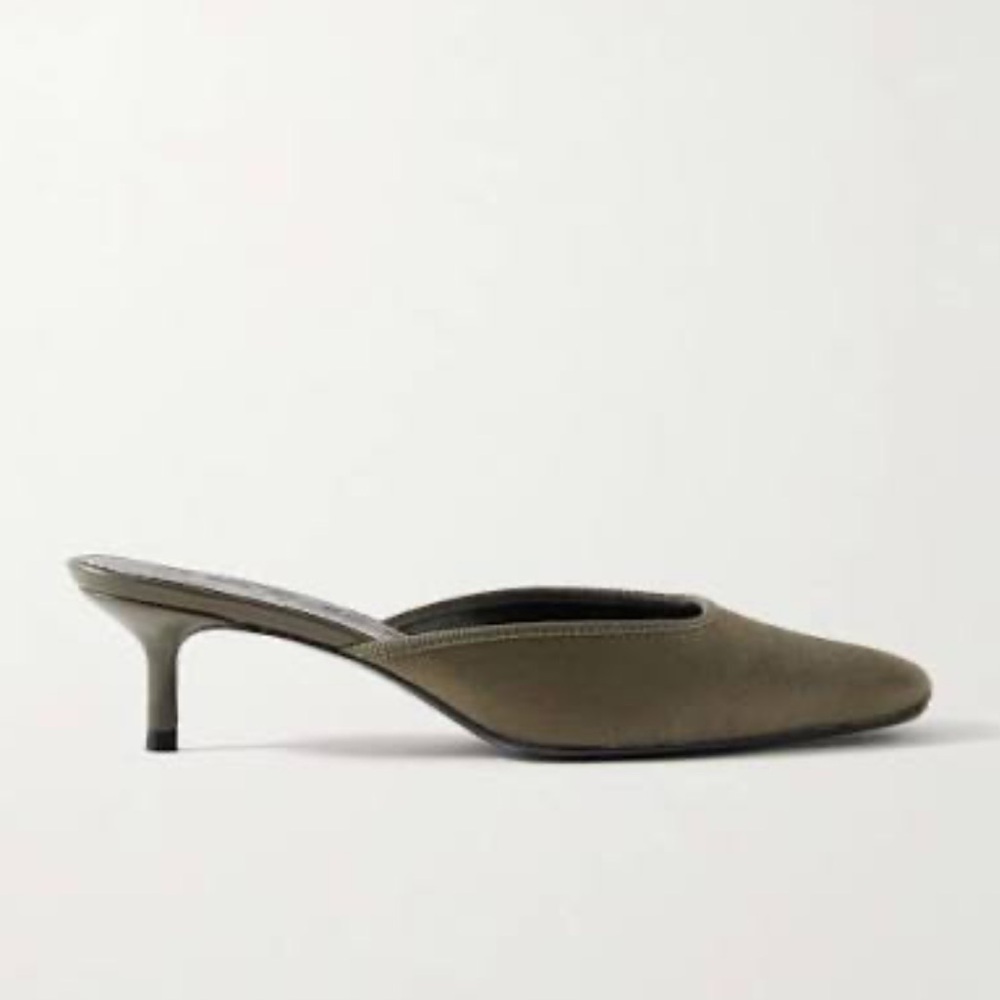 Staud Otto Satin Mule Kitten Heel in Army Green 37.5